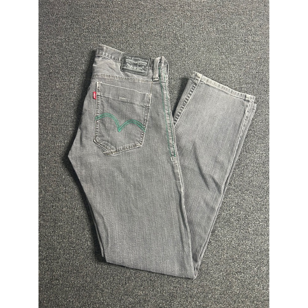 Levi's Original 514 Slim Straight Jeans Gray Mens 33x34 Green Stitch Denim Skate